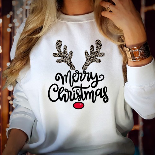 Leopard Reindeer Antlers Merry Christmas Sweatshirt, Trendy Rudolph Nose Graphic Crewneck, Retro Winter Novelty Animal Print Xmas Jumper Gift
