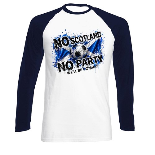 Scotland 2026 Grunge Flag Long Sleeve Baseball T-Shirt, No Scotland No Party Splatter Shirt, We'll Be Coming Raglan Top, World Cup Supporter Long Sleeve Tee