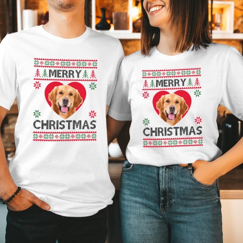 Custom Dog Photo Christmas T Shirt, Personalised Pet Picture Faux Ugly Sweater Matching Family Tee, Cute Golden Retriever Cat Lover Holiday Gift Top