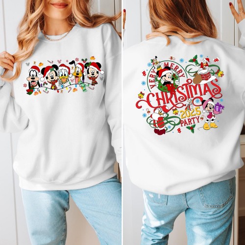 Disney Very Merry Christmas Party Sweatshirt, Double Sided Mickey Minnie Family Matching Jumper, Retro Magic Kingdom Xmas Novelty Gift Sweaters