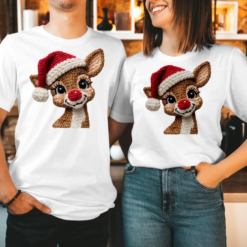 Rudolph Reindeer Christmas T Shirt, Funny Faux Crochet Knit Santa Hat Graphic Tee, Smooth DTF Print Matching Couples Winter Holiday Gift Top