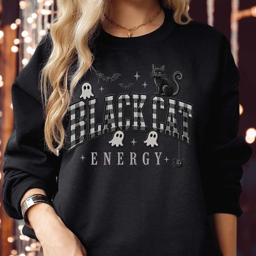 Black Cat Energy Halloween Sweatshirt | Buffalo Plaid Spooky Jumper