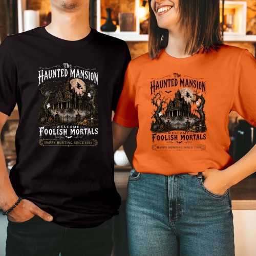 Haunted Mansion Welcome Foolish Mortals T-Shirt, Happy Hunting Since 1969 Shirt, Flying Witch Spooky Manor Halloween Tee, Vintage Gothic Top