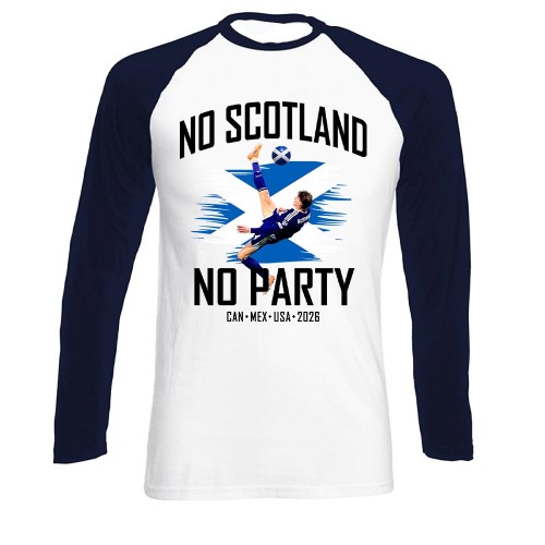 Scotland 2026 Overhead Kick Long Sleeve Baseball T-Shirt, No Scotland No Party Action Football Shirt, We'll Be Coming Raglan Top, World Cup Supporter Long Sleeve Tee