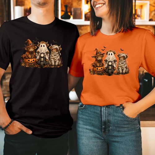 Halloween Highland Cows T-Shirt Witch Ghost Mummy Motorcycle Unisex Graphic Tee, Matching Halloween Couple T Shirts