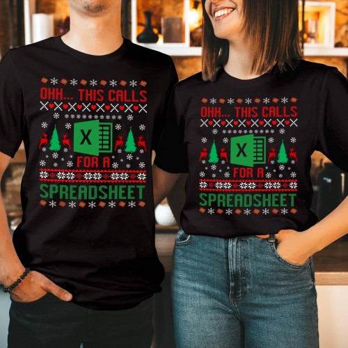 Funny Excel Spreadsheet Christmas T Shirt, Faux Ugly Sweater Data Nerd Graphic Tee, Witty Matching Couples Office Holiday Party Novelty Gift Top