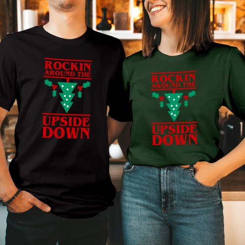 Rockin Around The Upside Down Christmas T-Shirt, Funny Sci-Fi Retro 80s Holiday Tee, Cute Matching Family Outfits Winter Graphic Xmas Shirt
