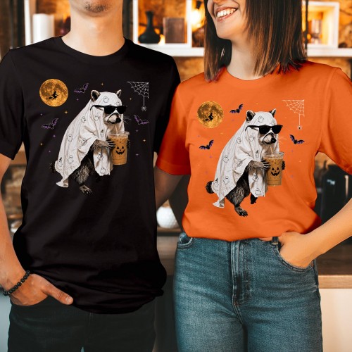 Ghost Raccoon Iced Coffee Halloween Shirt Cool Trash Panda Spooky Gift Tops