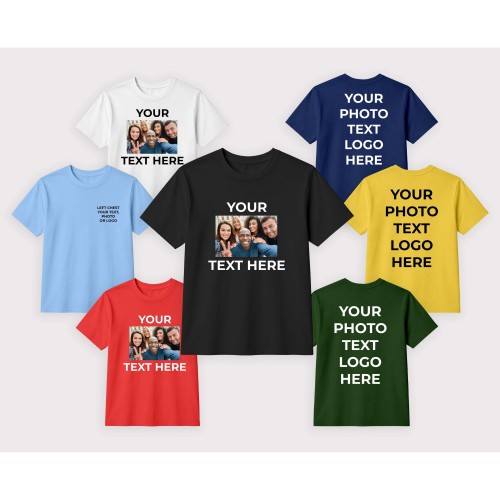 Custom T-Shirt Personalised Photo Logo Tee Design Your Own Top Custom Printed Graphic Apparel Personalised Gifts Men Women Hen Do Stag Party Tshirt
