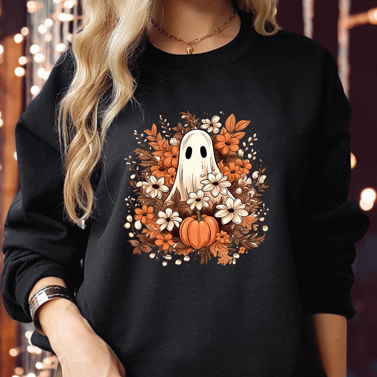 Cute Halloween Ghost Ghouls Fall leaves - Spooky Season Trick or Treat Boo Ghost Witch Pumpkin - Happy Halloween Jumper