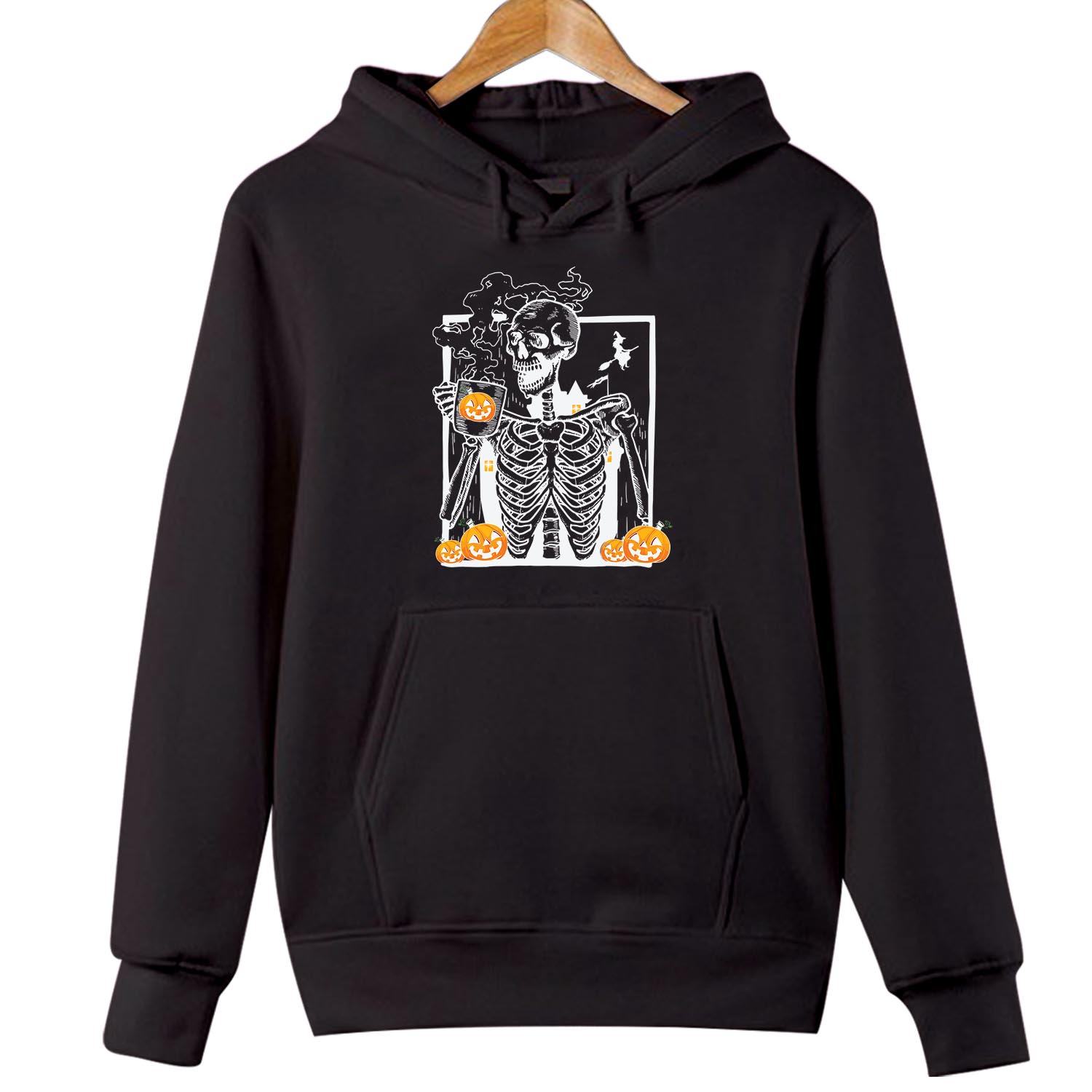 HOODIES (1801) Hot Pumpkin Spice Coffee Drinking Skeleton