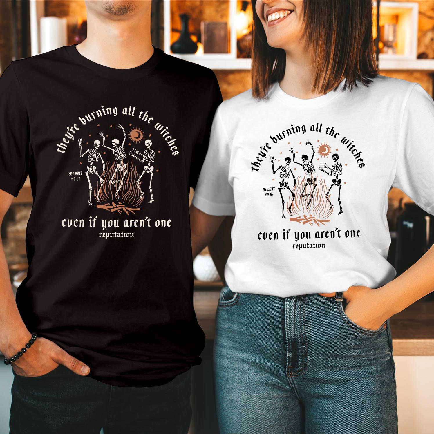 They're Burning All The Witches Skeleton Dancing Halloween T-Shirt, Spooky Trick or Treat Boo Ghost Skull Tee