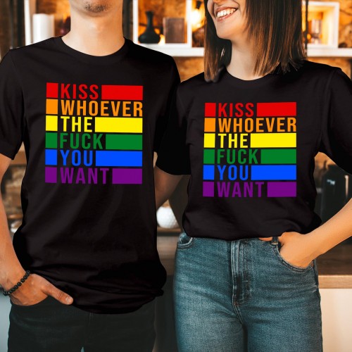 Kiss Whoever You Want Shirt, Funny LGBTQ+ Pride T-Shirt, Gay Pride Shirts & Pride Clothing, Bold Rainbow LGBT Merch Tops