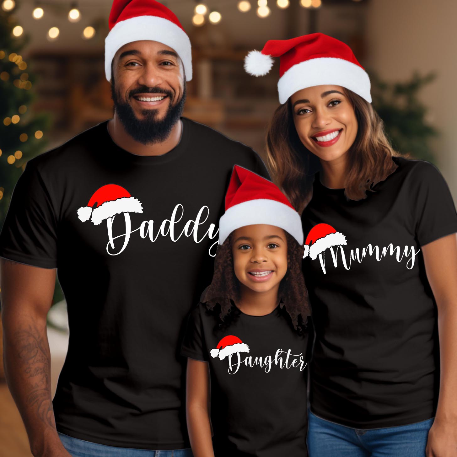 Personalised Santa Hat Family Matching Christmas Shirts, Custom Script Name Holiday Tees, Customised Mommy Daddy and Me Gift Shirt