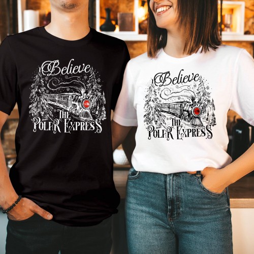 Believe Christmas Train T-Shirt, Vintage Magic Holiday Express Tee, Cute Winter Forest Graphic Tops, Christmas Gift Ideas Secret Santa Present