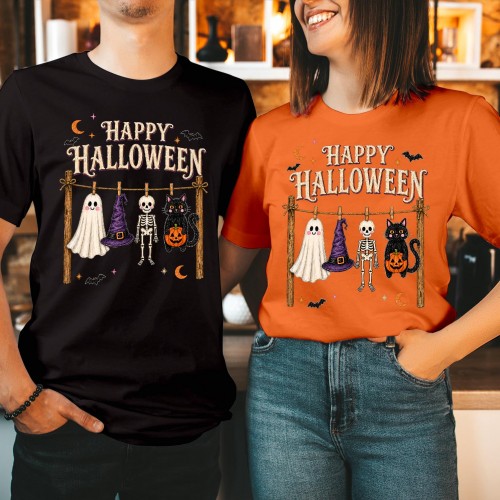 Happy Halloween Clothesline T-Shirt Ghost Witch Hat Skeleton Cat Unisex Tee