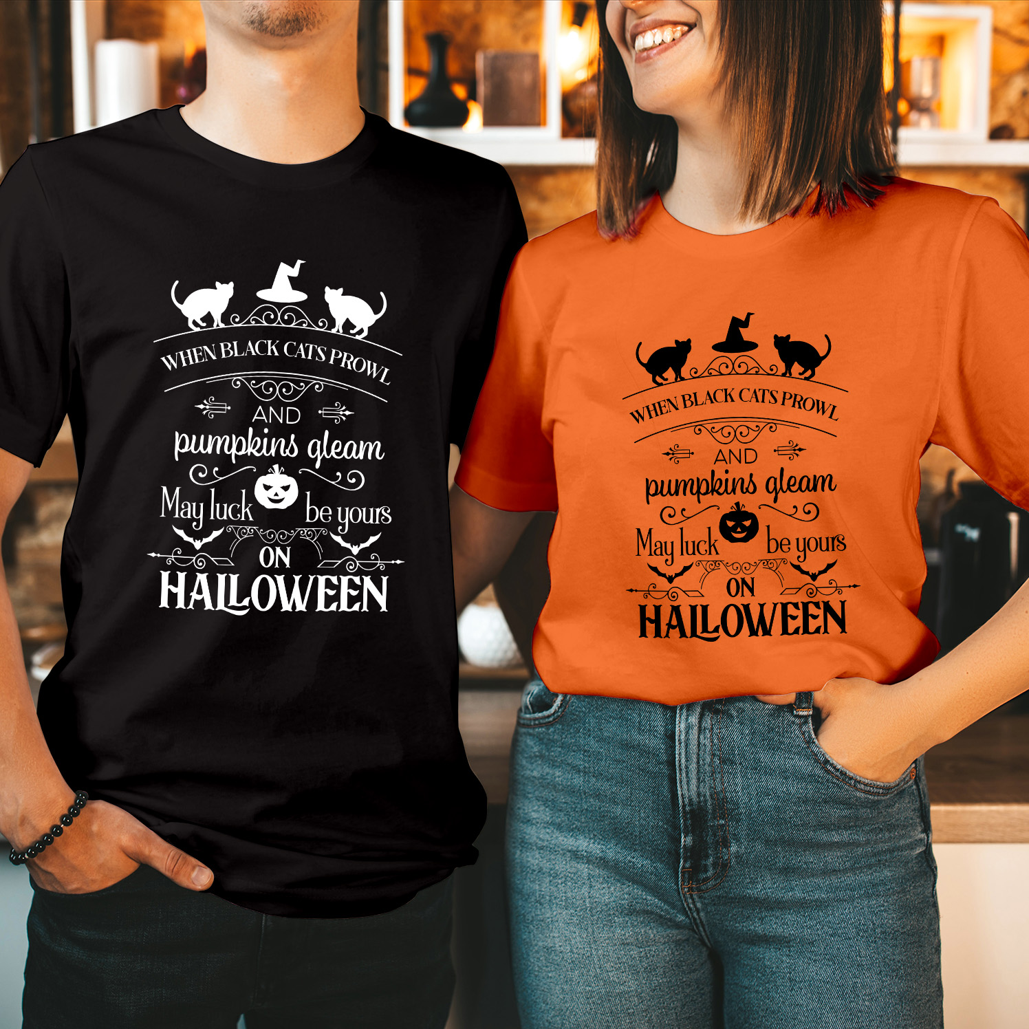 T-Shirt (1765) When Black Cats Prowl and Pumpkins Gleam Funny Halloween May Luck