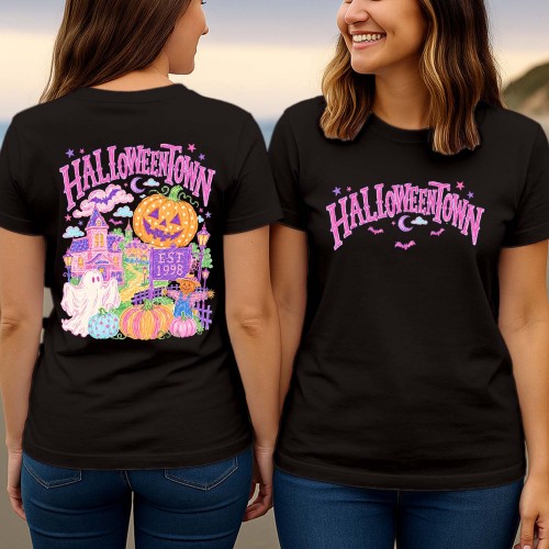 Halloweentown Est 1998 T-Shirt, Front Back Print Pink Pastel Goth Ghost Halloween Shirt, Nostalgic 90s Spooky Town Graphic Tee, Autumn Top