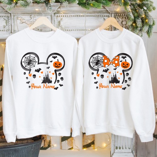 Personalised Mickey Minnie Ears Sweatshirt, Custom Disney Halloween Family Matching Jumper, Spooky Castle Pumpkin Pullover Crewneck Sweater