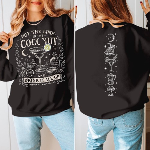 Midnight Margaritas Sweatshirt Jumper, Front & Back Print Cocktail Recipe, Put The Lime In The Coconut, Witch Halloween Unisex Graphic Top