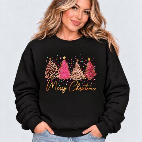 Pink Glitter Christmas Trees Merry Christmas Sweatshirt | Stylish Womens Festive Xmas Jumper