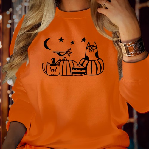 Pumpkin Halloween Cat Sweatshirt, Cute Retro Spooky Season Jumper, Vintage Celestial Kittens Pullover, Cozy Whimsical Harvest Crewneck Top