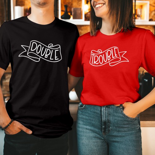 Double Trouble Matching Couple Shirt - Funny Banner Graphic Tees for Men & Women - Cute Valentine's Day Gift for Boyfriend & Girlfriend T-Shirt