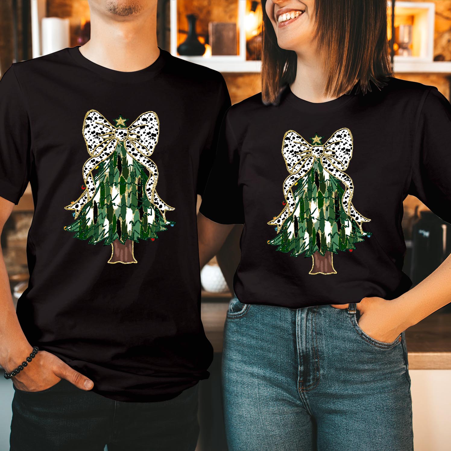 Merry Christmas Colourful Coquette Bow Christmas Tree Light Bright and Merry Funny Family Holiday Season Gift Xmas Tshirt