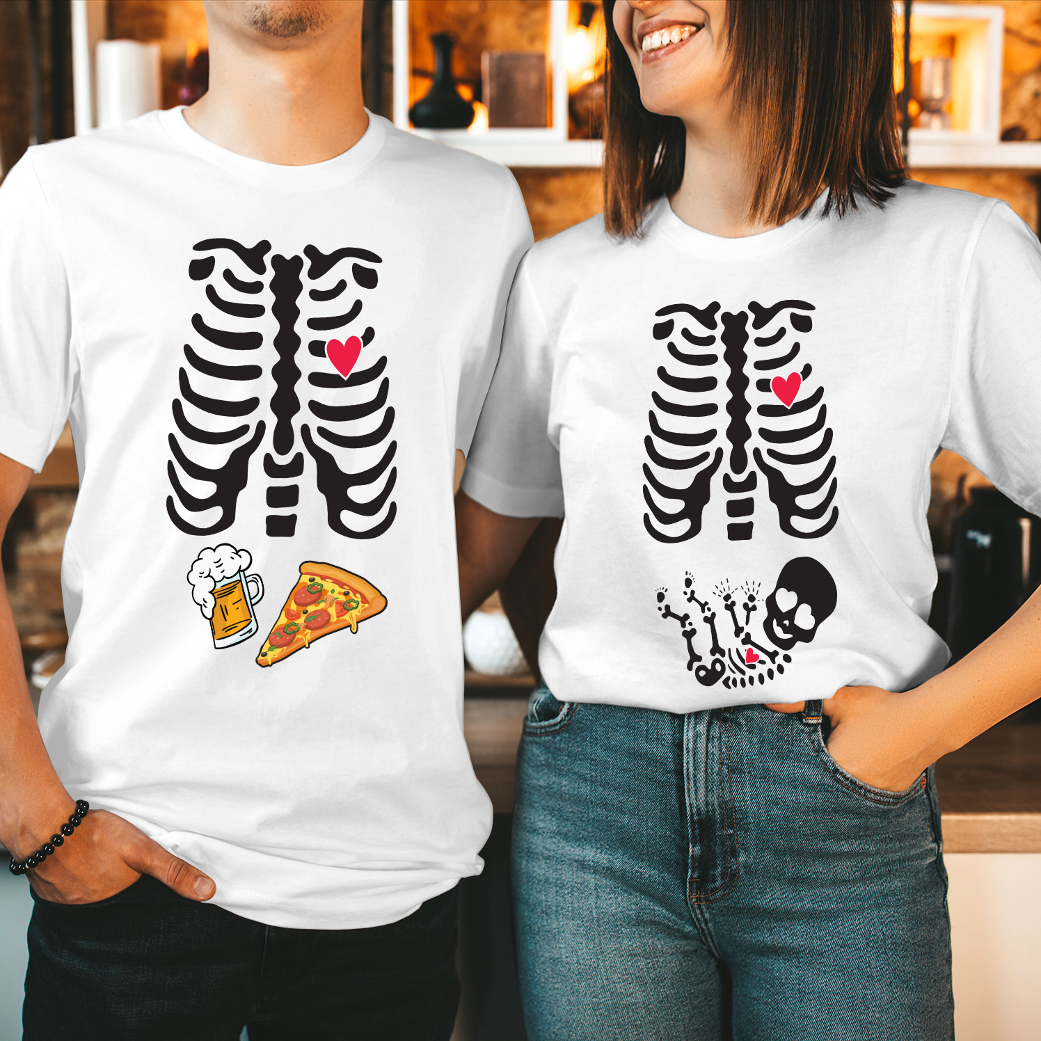 Beer and Pizza Skeleton Ribcage Halloween Maternity T-Shirt Funny Couple Costume Pregnant Belly Skeleton Baby Mom Mum to Be Pregnancy Announcement Tee Parents T Shirt
