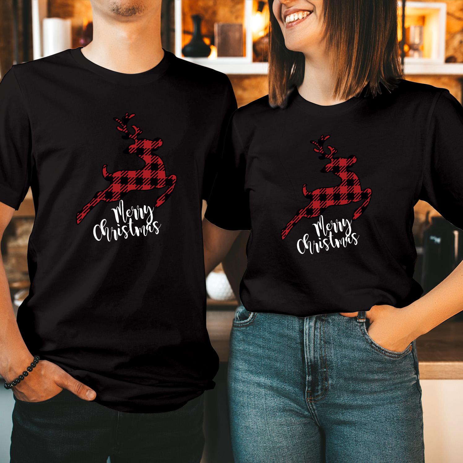 Merry Christmas Buffalo Plaid Flying Reindeer Rudolph Santa T-Shirt