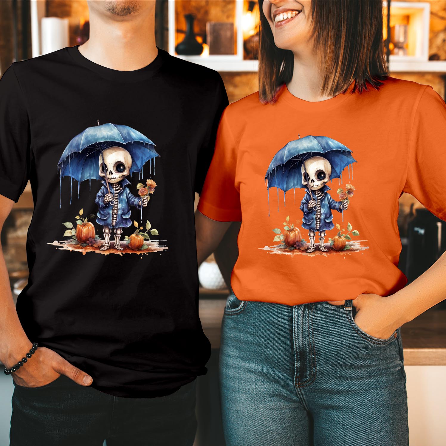 Halloween Cute Skeleton in Rain T-Shirt with Umbrella Spooky Skeleton Costume Casual Wear During Spooky Season Funny Men Women Kids Unisex Gift T-Shirt