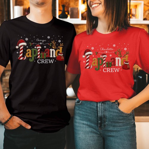 Personalised Lapland Crew Family Matching Christmas Shirt, Custom Patchwork Embroidery Print Santa Hat Reindeer Antlers Holiday Trip Xmas T-Shirts