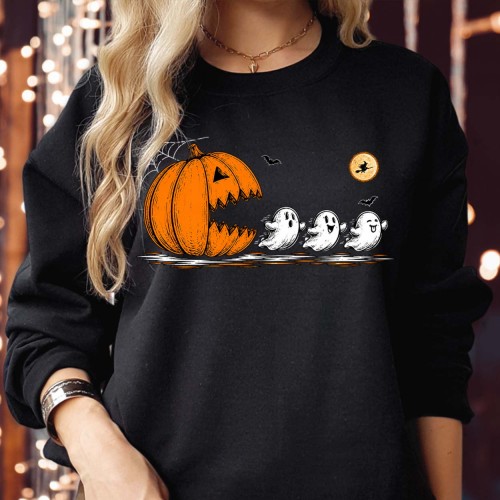 Pumpkin Ghost Pacman Sweatshirt Jumper, Funny Halloween Gamer Print, Arcade Ghost Hunting Jack-o'-Lantern Spooky Season Unisex Top