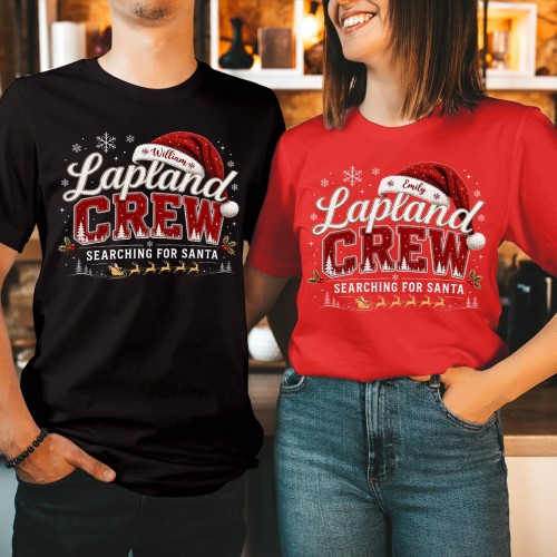 Personalised Lapland Crew Family Matching Christmas Shirt, Custom Red Plaid Tartan Print Santa Hat Holiday Trip Family T-Shirts Xmas Tops