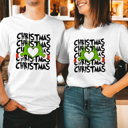 Funny Grinch Christmas T Shirt, Cute Green Monster Love Heart Hand Graphic Tee, Whoville Matching Couples Holiday Family Gift Present Top