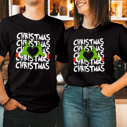 Funny Grinch Christmas T Shirt, Cute Green Monster Love Heart Hand Graphic Tee, Whoville Matching Couples Holiday Family Gift Present Top