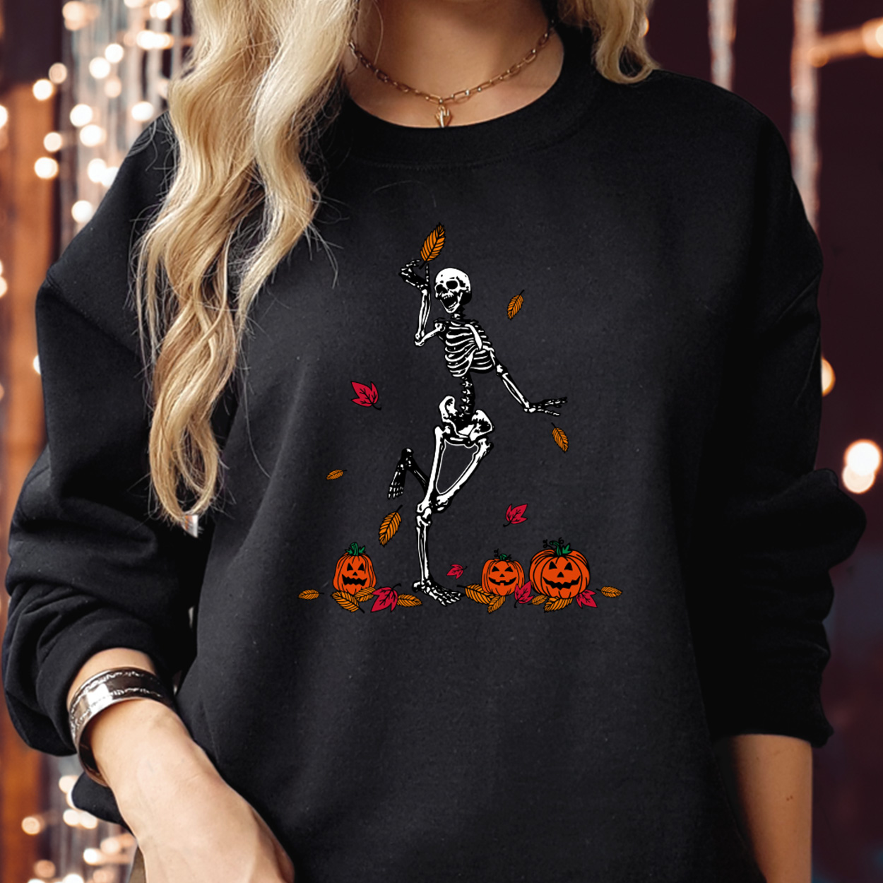 SWEATSHIRT (1837) Skeleton Dancing Pumpkin Leaves