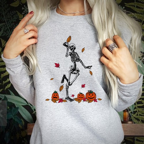 Skeleton Dancing Pumpkin Leaves Sweatshirt, Retro Spooky Autumn Jumper, Vintage Halloween Graphic Pullover, Cozy Season Harvest Crewneck Top